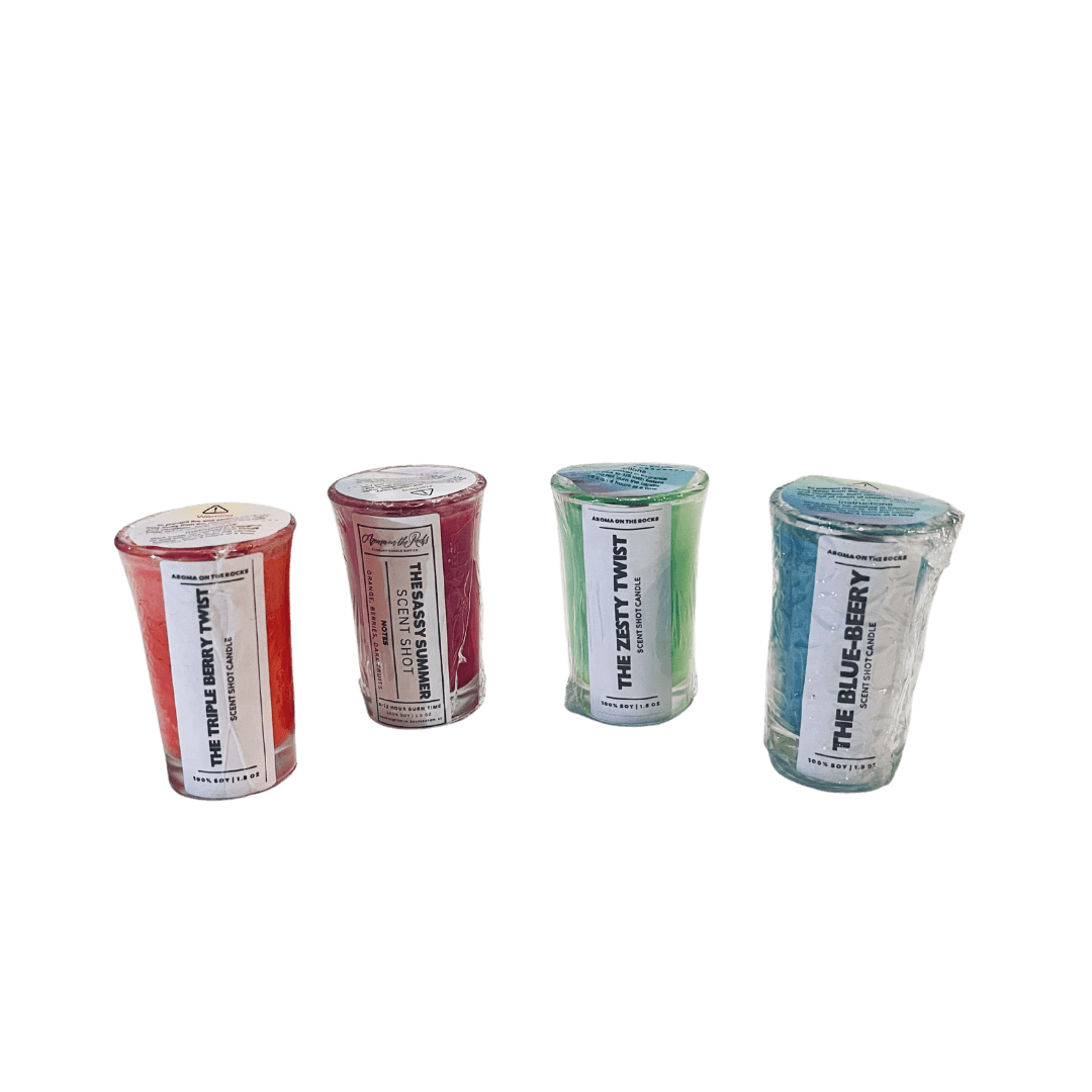 Experience the Fruity Half Size Scent Flight Box - A Journey Through Fruit-Inspired Scents. Includes Four Scent Shots: 'The Blue-Beery,' 'The Sassy Summer,' 'The Zesty Twist,' and 'The Triple Berry Twist.' Crafted with 100% Soy Wax for a Unique Aroma Experience. Perfectly Packaged for Gifting. Elevate Your Space with this Fruity Olfactory Feast!