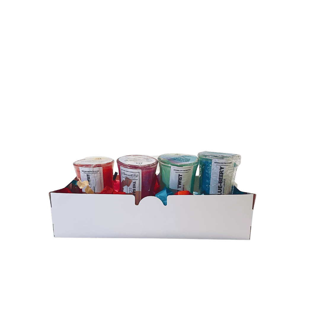 Experience the Fruity Half Size Scent Flight Box - A Journey Through Fruit-Inspired Scents. Includes Four Scent Shots: 'The Blue-Beery,' 'The Sassy Summer,' 'The Zesty Twist,' and 'The Triple Berry Twist.' Crafted with 100% Soy Wax for a Unique Aroma Experience. Perfectly Packaged for Gifting. Elevate Your Space with this Fruity Olfactory Feast!