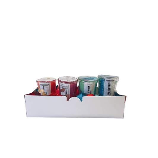 Experience the Fruity Half Size Scent Flight Box - A Journey Through Fruit-Inspired Scents. Includes Four Scent Shots: 'The Blue-Beery,' 'The Sassy Summer,' 'The Zesty Twist,' and 'The Triple Berry Twist.' Crafted with 100% Soy Wax for a Unique Aroma Experience. Perfectly Packaged for Gifting. Elevate Your Space with this Fruity Olfactory Feast!