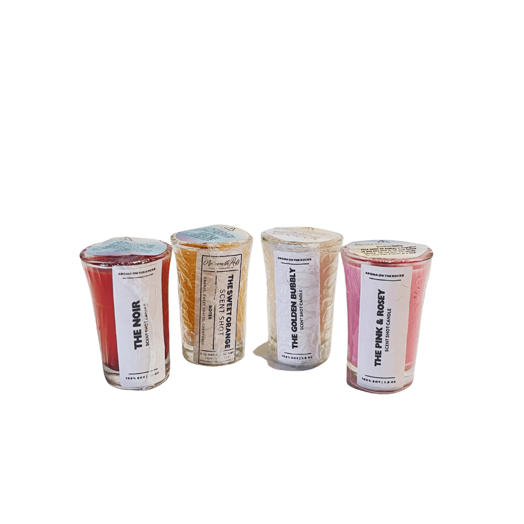 Discover 'The Sweet Florals Half Size Scent Flight Box' - An Enchanting Collection of Floral Fragrances. Set includes four captivating scent shots: 'The Pink & Rosey,' 'The Sweet Orange,' 'The Noir,' and 'The Golden Bubbly,' crafted with 100% soy wax and premium ingredients. Immerse yourself in romantic roses, tangy orange, luscious berries, and elegant champagne scents. Beautifully packaged for gifting or a luxurious treat. Elevate your senses with this delightful bouquet of aromas!