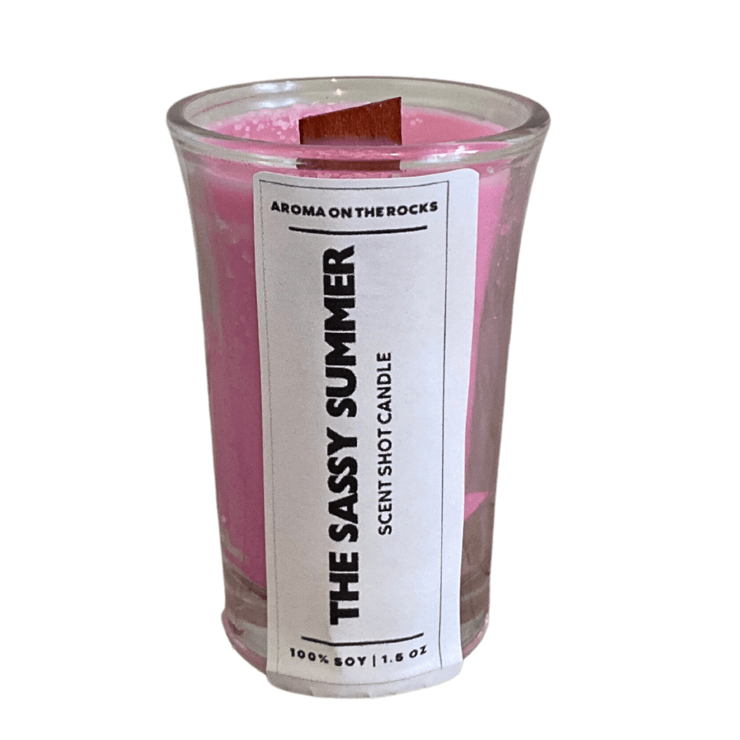 Experience 'The Sassy Summer Scent Shot' Candle - A Maroon-Colored Delight with a Luscious Berry and Fruits Aroma, Inspired by a Very Fruity Sangria. Crafted from 100% Soy Wax with a Cherrywood Wick for a Clean, Long-Lasting Burn. Ideal for Creating a Vibrant and Invigorating Atmosphere. Illuminate Your Space and Embrace the Enchanting Fragrance and Flair Today!