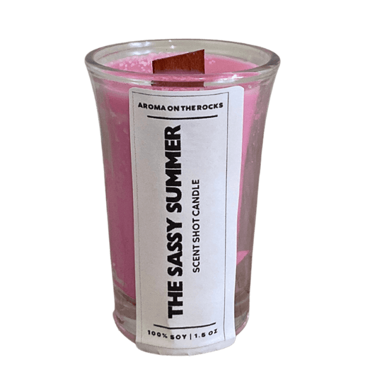Experience 'The Sassy Summer Scent Shot' Candle - A Maroon-Colored Delight with a Luscious Berry and Fruits Aroma, Inspired by a Very Fruity Sangria. Crafted from 100% Soy Wax with a Cherrywood Wick for a Clean, Long-Lasting Burn. Ideal for Creating a Vibrant and Invigorating Atmosphere. Illuminate Your Space and Embrace the Enchanting Fragrance and Flair Today!