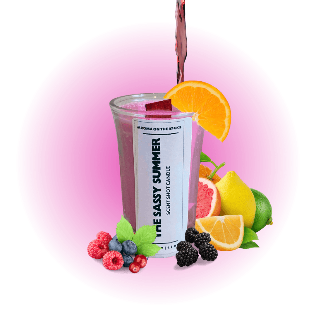 Experience 'The Sassy Summer Scent Shot' Candle - A Maroon-Colored Delight with a Luscious Berry and Fruits Aroma, Inspired by a Very Fruity Sangria. Crafted from 100% Soy Wax with a Cherrywood Wick for a Clean, Long-Lasting Burn. Ideal for Creating a Vibrant and Invigorating Atmosphere. Illuminate Your Space and Embrace the Enchanting Fragrance and Flair Today!